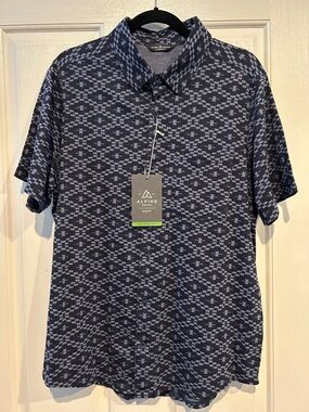 Alpine Design Blue Geometric Short-Sleeve Knit Button Up Pocket Shirt